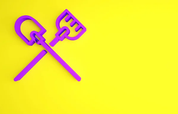 Icono de pala púrpura aislado sobre fondo amarillo. Herramienta de jardinería. Herramienta para horticultura, agricultura, agricultura. Concepto minimalista. 3D ilustración 3D render — Foto de Stock