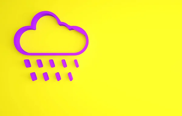 Lila felhő eső ikon elszigetelt sárga alapon. Esőfelhő csapadék esőcseppekkel. Minimalizmus koncepció. 3d illusztráció 3D render — Stock Fotó