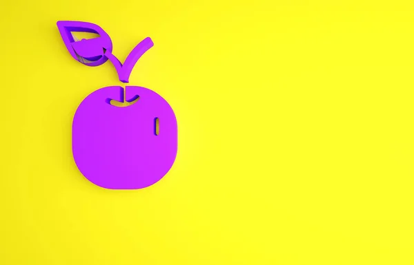 Icona Apple viola isolata su sfondo giallo. Frutta con simbolo di foglia. Concetto minimalista. Illustrazione 3d rendering 3D — Foto Stock