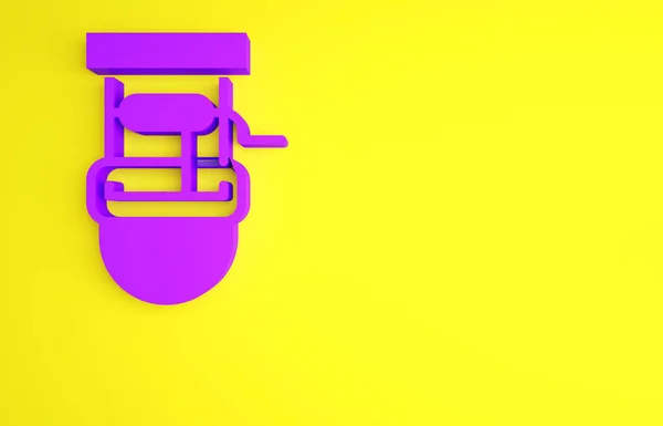 Poço roxo com um balde e ícone de água potável isolado no fundo amarelo. Conceito de minimalismo. 3D ilustração 3D render — Fotografia de Stock