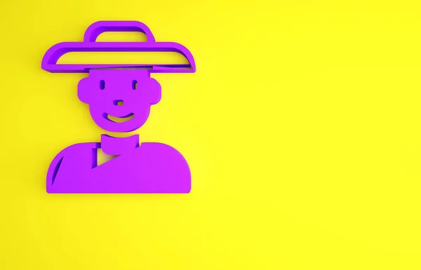 Granjero púrpura en el icono del sombrero aislado sobre fondo amarillo. Concepto minimalista. 3D ilustración 3D render — Foto de Stock