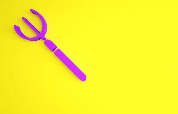 Icono de horquilla de jardín púrpura aislado sobre fondo amarillo. Señal de tenedor de jardín. Herramienta para horticultura, agricultura, agricultura. Concepto minimalista. 3D ilustración 3D render — Foto de Stock
