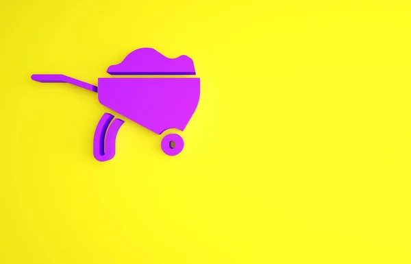 Brouette violette avec icône de saleté isolée sur fond jaune. Équipement d'outils. Ferme de roues de chariot agricole. Concept de minimalisme. Illustration 3D rendu 3D — Photo