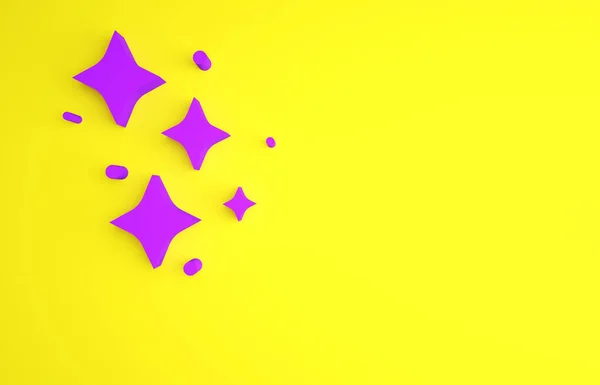 Estrelas de brilho roxo com ícone mágico de partículas de brilho isolado no fundo amarelo. Decoração mágica de Natal. Conceito de minimalismo. 3D ilustração 3D render — Fotografia de Stock