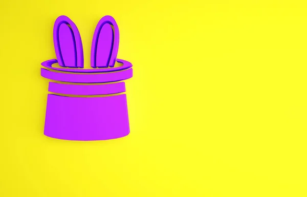 Chapéu mágico roxo e ícone de orelhas de coelho isolado no fundo amarelo. Truque mágico. Conceito de entretenimento misterioso. Conceito de minimalismo. 3D ilustração 3D render — Fotografia de Stock