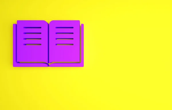 錬金術のレシピと神秘的な呪文と魅惑のアイコンが黄色の背景に隔離された紫色の古代の魔法の本。最小限の概念。3Dイラスト3Dレンダリング — ストック写真