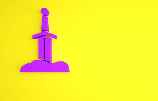 Purple Sword in the stone icon isolated on yellow background. Excalibur the sword in the stone from the Arthurian legends. Minimalism concept. 3d illustration 3D render
