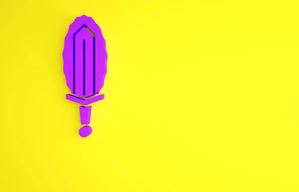 Purple Magic Schwert in Feuer Symbol isoliert auf gelbem Hintergrund. Feuriges Schwert. Magische Waffe des Ritters, Zauberers, Zauberers. Feuerzauber. Brennende Klinge. Minimalismus-Konzept. 3D Illustration 3D Renderer — Stockfoto