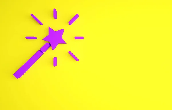 Icono de varita mágica púrpura aislado sobre fondo amarillo. Accesorio mágico en forma de estrella. Poder mágico. Concepto minimalista. 3D ilustración 3D render — Foto de Stock