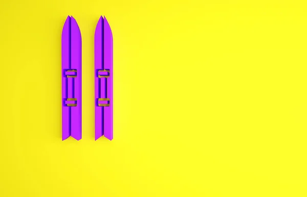 Esquí púrpura y palos icono aislado sobre fondo amarillo. Deporte extremo. Equipo de esquí. Icono de deportes de invierno. Concepto minimalista. 3D ilustración 3D render — Foto de Stock