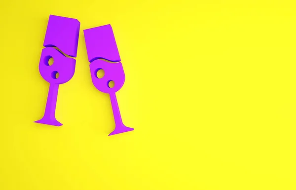 Purple Glass de champán icono aislado sobre fondo amarillo. Feliz Navidad y Feliz Año Nuevo. Concepto minimalista. 3D ilustración 3D render — Foto de Stock