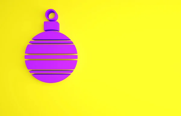 जांभळा ख्रिसमस चेंडू चिन्ह पिवळा पार्श्वभूमीवर वेगळे. ख्रिसमस आणि नवीन वर्षाच्या शुभेच्छा. किमान संकल्पना. 3 डी स्पष्टीकरण 3D रेंडर — स्टॉक फोटो, इमेज