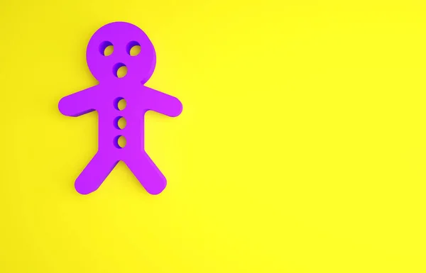Purple Holiday ícone biscoito gengibre homem isolado no fundo amarelo. Bolacha em forma de homem com gelo. Conceito de minimalismo. 3D ilustração 3D render — Fotografia de Stock