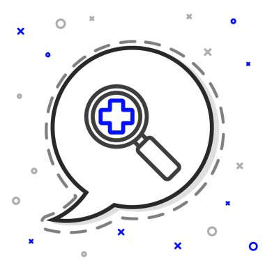 Arama tıbbi simgesi için çizgi büyüteci beyaz arka planda izole edilmiş. Hastane araması. Renkli taslak konsepti. Vektör İllüstrasyonu.