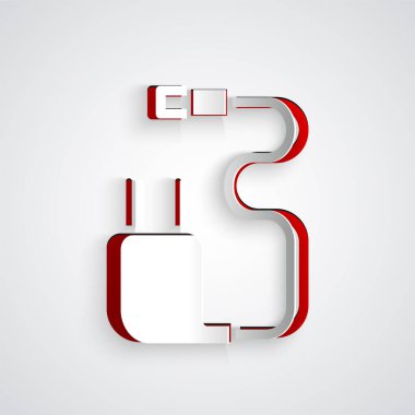 Kağıt kesiği Charger simgesi gri arkaplanda izole edildi. Kağıt sanatı tarzı. Vektör İllüstrasyonu.