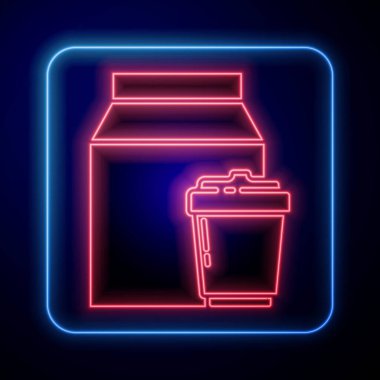 Parlayan neon çevrimiçi sipariş ve fast food dağıtım ikonu mavi arka planda izole edildi. Vektör İllüstrasyonu.