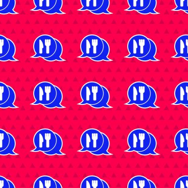 Mavi kafe ve restoran konumu ikonu kırmızı arka planda izole edilmiş pürüzsüz desen. Noktanın içinde çatal ve kaşık yeme işareti var. Vektör..