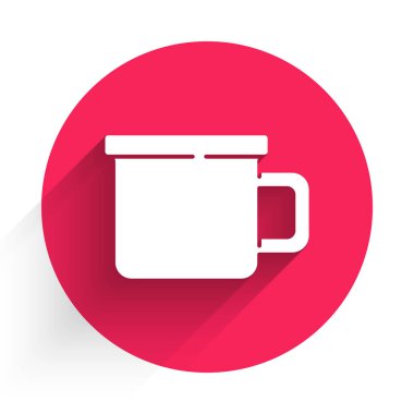 Uzun gölgeli beyaz kamp metal sabıka simgesi. Kırmızı daire düğmesi. Vektör.