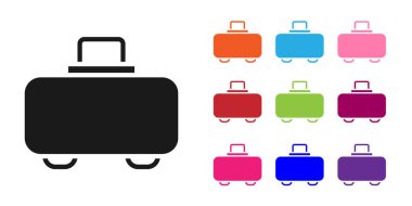 Silah ikonunu saklamak ve taşımak için siyah silah çantası beyaz arka planda izole edildi. Simgeleri renklendirin. Vektör.