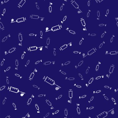 Beyaz Şırınga ikonu mavi arka planda kusursuz desen izole etti. Aşı için şırınga, aşı, iğne, grip aşısı. Tıbbi ekipman. Vektör.