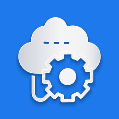 Kağıt kesiği Bulut teknolojisi veri transferi ve mavi arkaplanda izole edilmiş depolama simgesi. Ayarlama, servis, ayar, bakım, onarım, onarım. Kağıt sanatı tarzı. Vektör