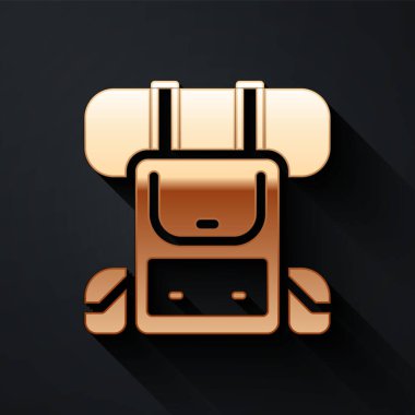 Altın Yürüyüş sırt çantası simgesi siyah arkaplanda izole edildi. Kamp ve dağ gezisi sırt çantası. Uzun gölge tarzı. Vektör.