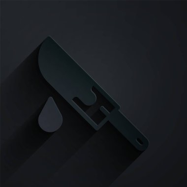 Kağıt kesiği. Siyah arka planda kanlı bıçak ikonu var. Kağıt sanatı tarzı. Vektör.