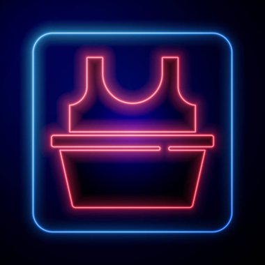 Mavi arka planda izole edilmiş tişört ikonu olan parlak neon plastik bir leğen. Sulu kase. Çamaşır yıkama, temizlik malzemeleri. Vektör.