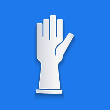 Kağıt kesiği, mavi arka planda izole edilmiş lastik eldiven ikonu. Lateks el koruması işareti. Ev işi temizlik ekipmanları sembolü. Kağıt sanatı tarzı. Vektör.