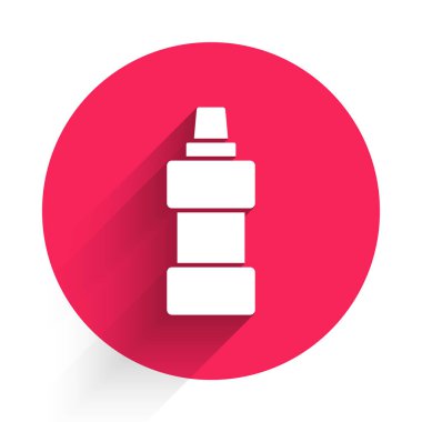 Çamaşır deterjanı, çamaşır suyu, bulaşık deterjanı ya da uzun gölgeli başka bir temizlik ikonu için beyaz plastik şişe. Kırmızı daire düğmesi. Vektör.