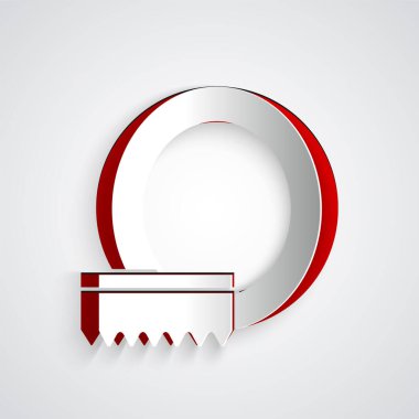 Kağıt kesiği bulaşık ikonu gri arka planda izole edilmiş. Bulaşık yıkama ikonu. Bulaşık makinesi tabelası. Masa takımı tabelası temiz. Kağıt sanatı tarzı. Vektör.