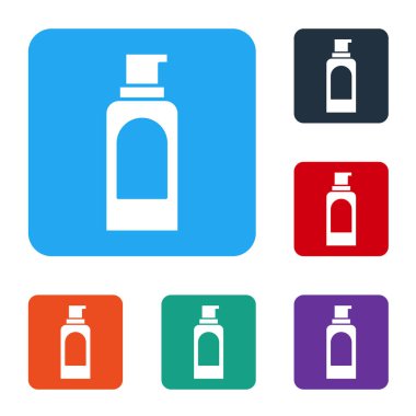 Saç spreyi için beyaz sprey kutusu, deodorant, beyaz arka planda izole edilmiş terleme önleyici ikon. Renkli kare düğmelerle simgeleri ayarla. Vektör.
