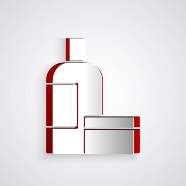 Kağıt kesiği kremi ya da losyon kozmetik tüp simgesi gri arkaplanda izole edilmiş. Kadınlar için vücut bakım ürünleri. Kağıt sanatı tarzı. Vektör.