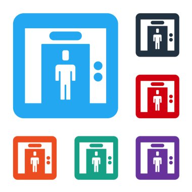 Beyaz Asansör simgesi beyaz arkaplanda izole edildi. Asansör sembolü. Renkli kare düğmelerle simgeleri ayarla. Vektör.