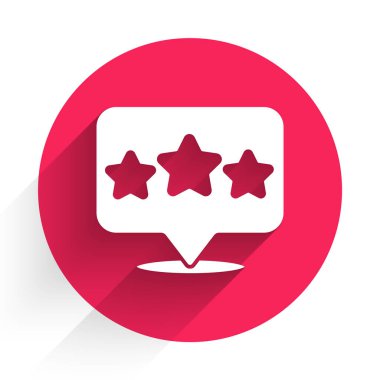 Beyaz 5 yıldızlı ürün değerlendirme simgesi uzun gölgeli izole edildi. Favori, en iyi derecelendirme, ödül sembolü. Kırmızı daire düğmesi. Vektör.