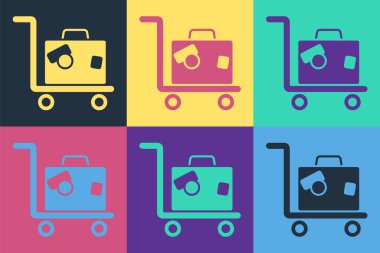 Arka planda bavul ikonu olan Pop Art Otel bagaj arabası. Seyahat bagaj tabelası. Seyahat bagaj ikonu. Vektör.