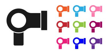 Beyaz arkaplanda siyah saç kurutma ikonu izole edildi. Saç kurutma makinesi tabelası. Saç kurutma sembolü. Sıcak hava üflüyor. Simgeleri renklendirin. Vektör.