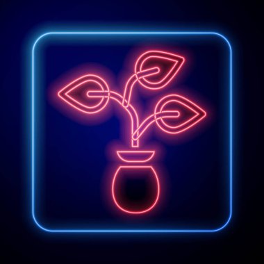 Parlayan neon bitkisi simgesi mavi arkaplanda izole edildi. Tohum ve tohum. İşaret bırakıyor. Yaprak doğası. Vektör.