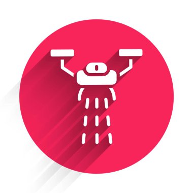 Tohum ekme ikonu için İHA kontrollü White Smart çiftliği uzun gölgeli izole edilmiş. Tarım şirketi için icat teknolojisi. Kırmızı daire düğmesi. Vektör.