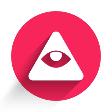 Beyaz Masonların sembolü, Tanrı 'nın her şeyi gören ikonu uzun gölgelerle izole edilmiş. Üçgendeki Tanrı 'nın Gözü. Kırmızı daire düğmesi. Vektör.