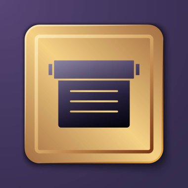 Eflatun Eskiler 'in sihirli kitabı. Simya tarifleri, mistik büyüler ve mor arka planda izole edilmiş büyü simgeleri. Altın kare düğme. Vektör.