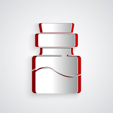 Kağıt kesiği, gri arkaplanda iksir ikonu olan bir şişe. Sihirli iksirli matara. Mutlu Cadılar Bayramı Partisi. Kağıt sanatı tarzı. Vektör.