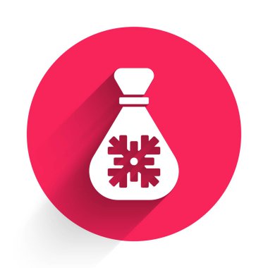 Beyaz Noel Baba hediye çantası ikonu uzun gölgeli. Noel hediyeleri çuvalı. Mutlu Noeller ve mutlu yıllar. Kırmızı daire düğmesi. Vektör.