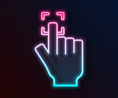 Parlayan neon çizgisi parmak izi simgesi siyah arkaplanda izole edildi. Kimlik uygulaması simgesi. Kimlik işareti. Kimliğe dokun. Vektör.