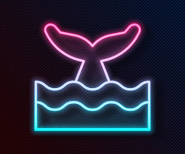 Okyanus dalgası ikonunda parlayan neon hattı Balina kuyruğu siyah arka planda izole edildi. Vektör.