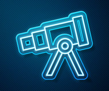 Parlayan neon hattı Teleskop simgesi mavi arkaplanda izole edildi. Bilimsel bir alet. Eğitim ve astronomi elementi, dürbün ve çalışma yıldızları. Vektör.