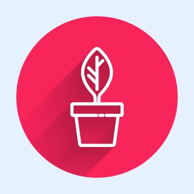 Beyaz çizgili saksı bitkisi uzun gölgeli tencere simgesinde izole edilmiş. Tencerede yetişen bir bitki. Saksı bitkisi işareti. Kırmızı daire düğmesi. Vektör.