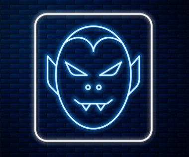 Parlayan neon hattı vampir ikonu tuğla duvar arka planında izole edilmiş. Mutlu Cadılar Bayramı Partisi. Vektör.