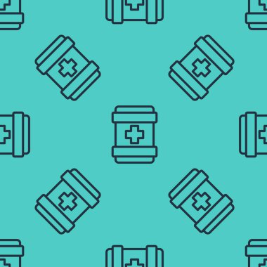 Siyah çizgi ilk yardım çantasının simgesi yeşil arkaplandaki pürüzsüz deseni izole etti. Haçlı sağlık kutusu. Acil durumlar için tıbbi ekipman. Sağlık sigortası konsepti. Vektör.