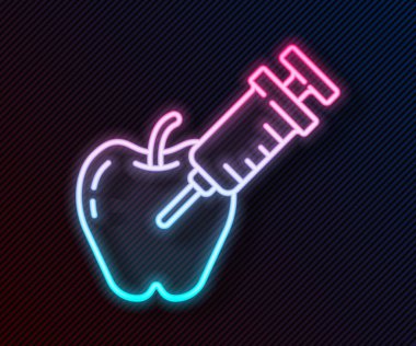 Parlayan neon hattı, siyah arka planda genetik olarak değiştirilmiş elma ikonu izole edildi. GDO meyvesi. Elmaya şırınga enjekte ediliyor. Vektör.